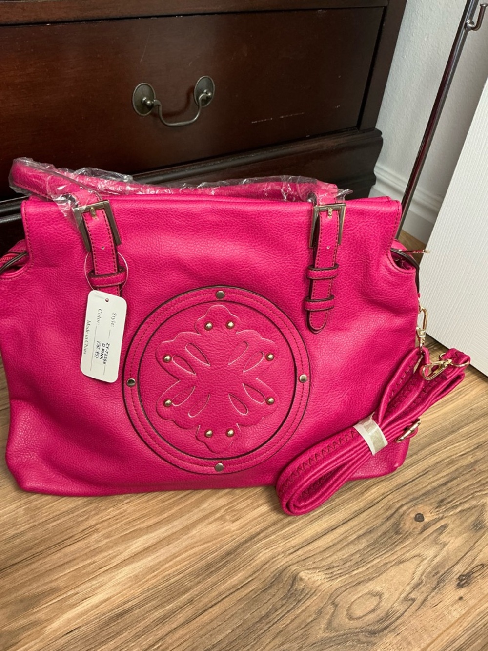 NEW Hot PINK Floral BAG Handbag TOTE Several inside pockets & zippers - Picture 7 of 7
